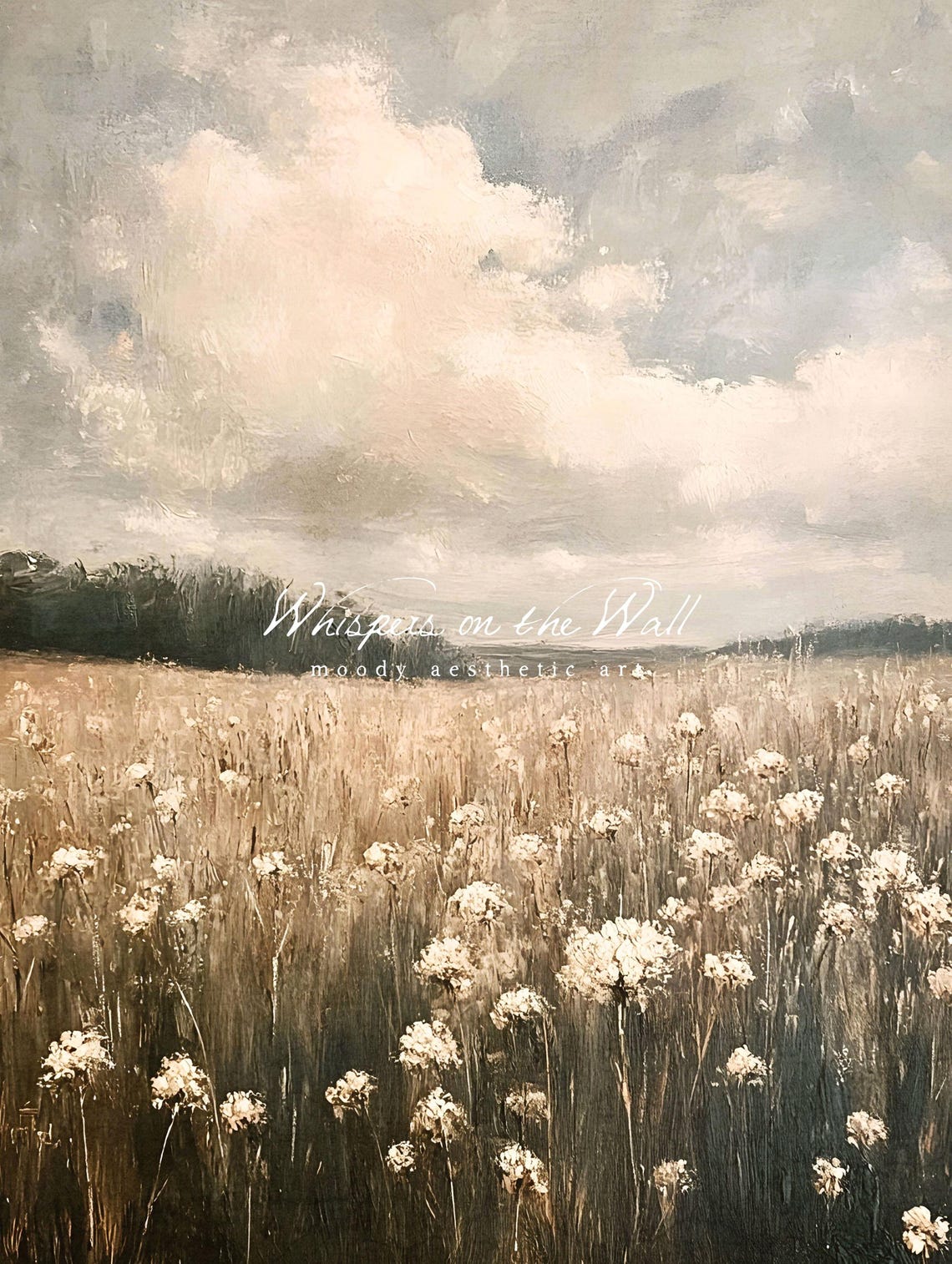 White Wildflower Field Under Moody Clouds Vintage Style Poster - Image 5