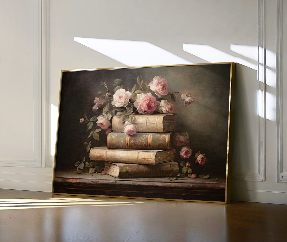 Stack Of Vintage Books With Pink Roses Dark Academia Still Life Poster - Image 6
