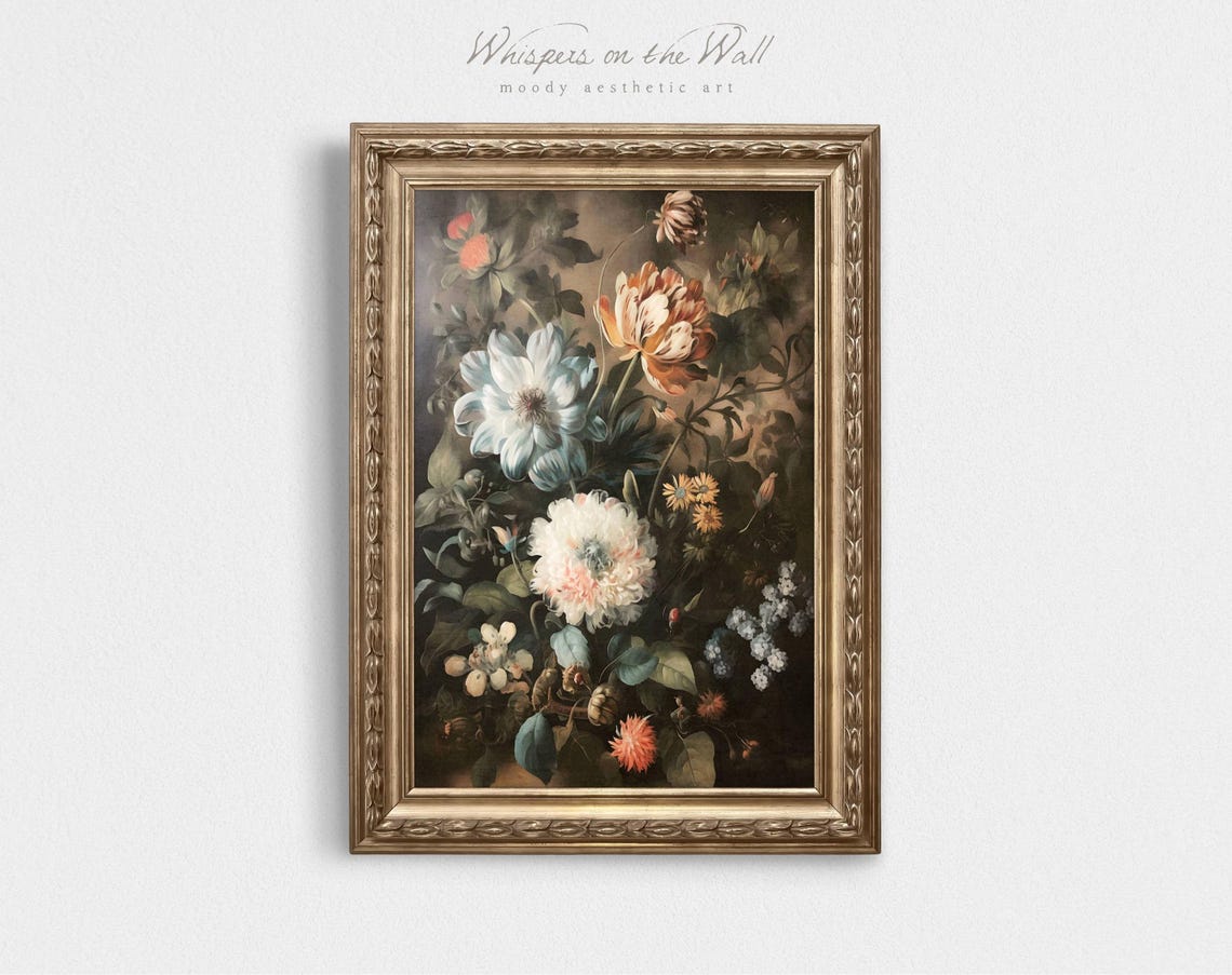 Moody Dark Floral Still Life Peonies Tulips Vintage Style Poster - Image 3