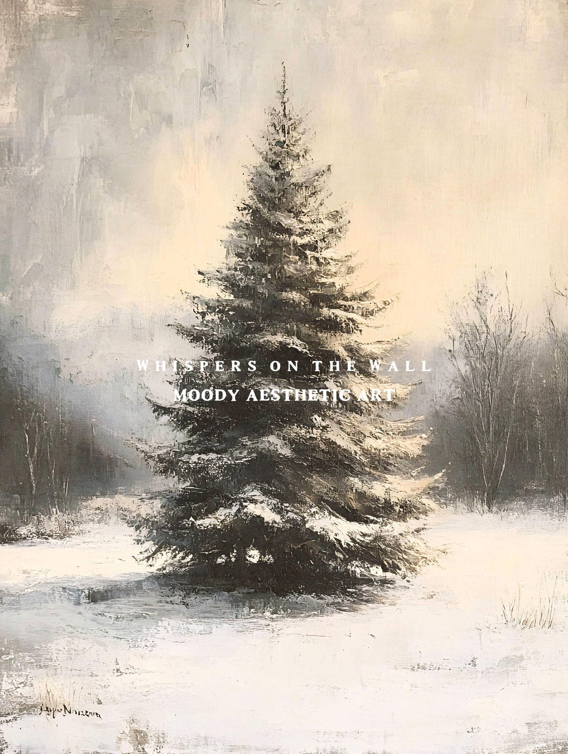 Lone Snow Covered Pine Tree In Misty Winter Field Vintage Poster - Image 5