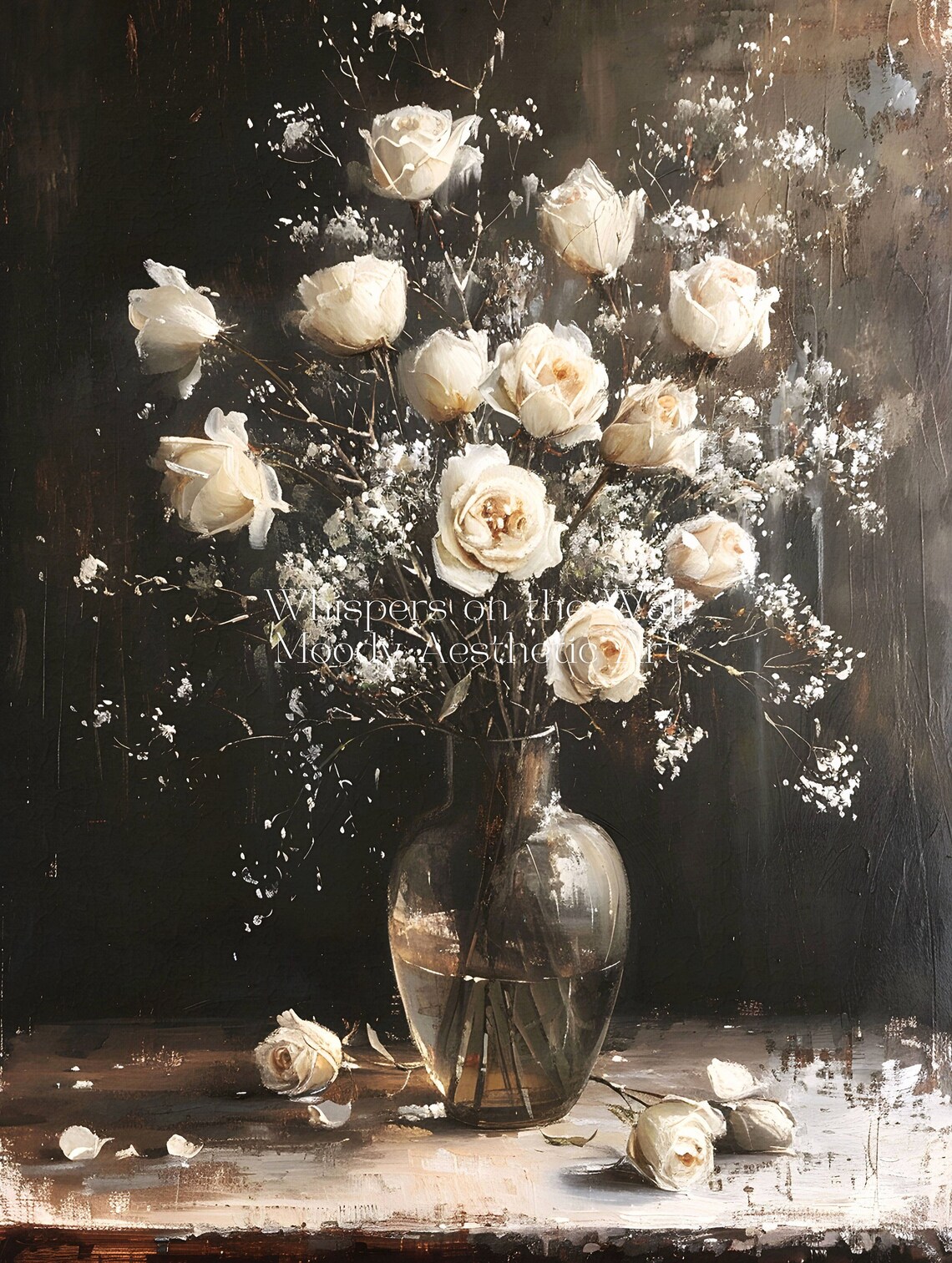 White Roses with Baby's Breath Dark Moody Floral Oil Painting Poster - Image 5