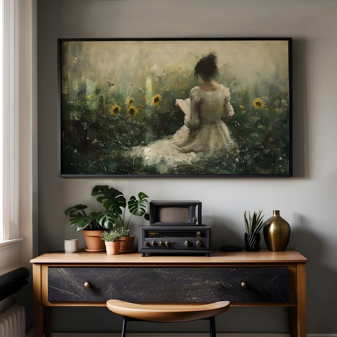 Woman Reading Among Sunflowers In Misty Garden Vintage Painting Poster - Image 4