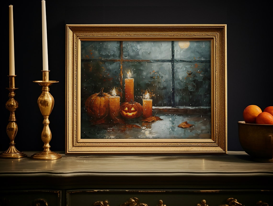 Pumpkins and Jack o Lantern by Moonlit Window Halloween Poster - Image 6