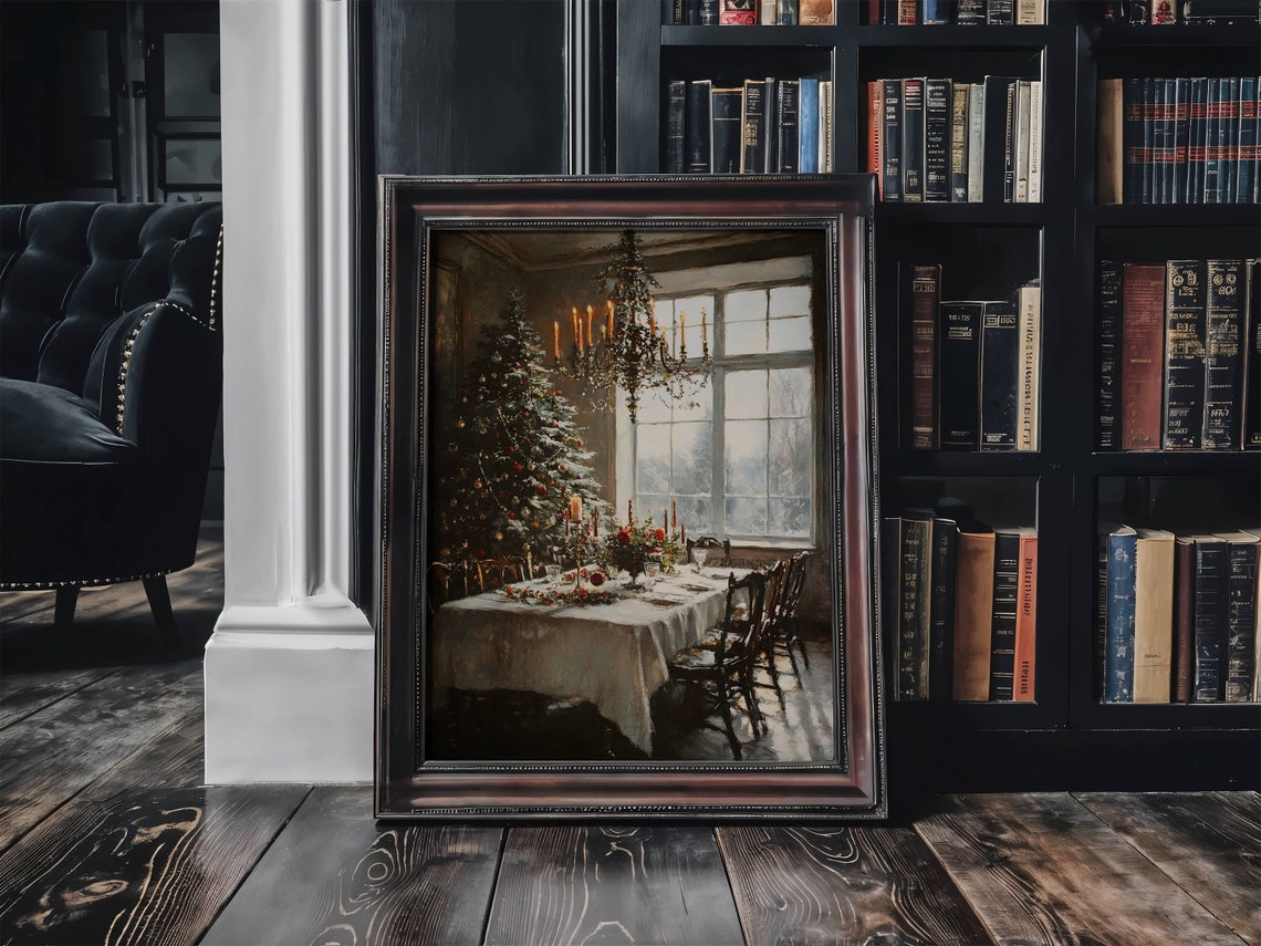 Vintage Christmas Dining Room With Tree Candlelight Oil Poster - Image 3