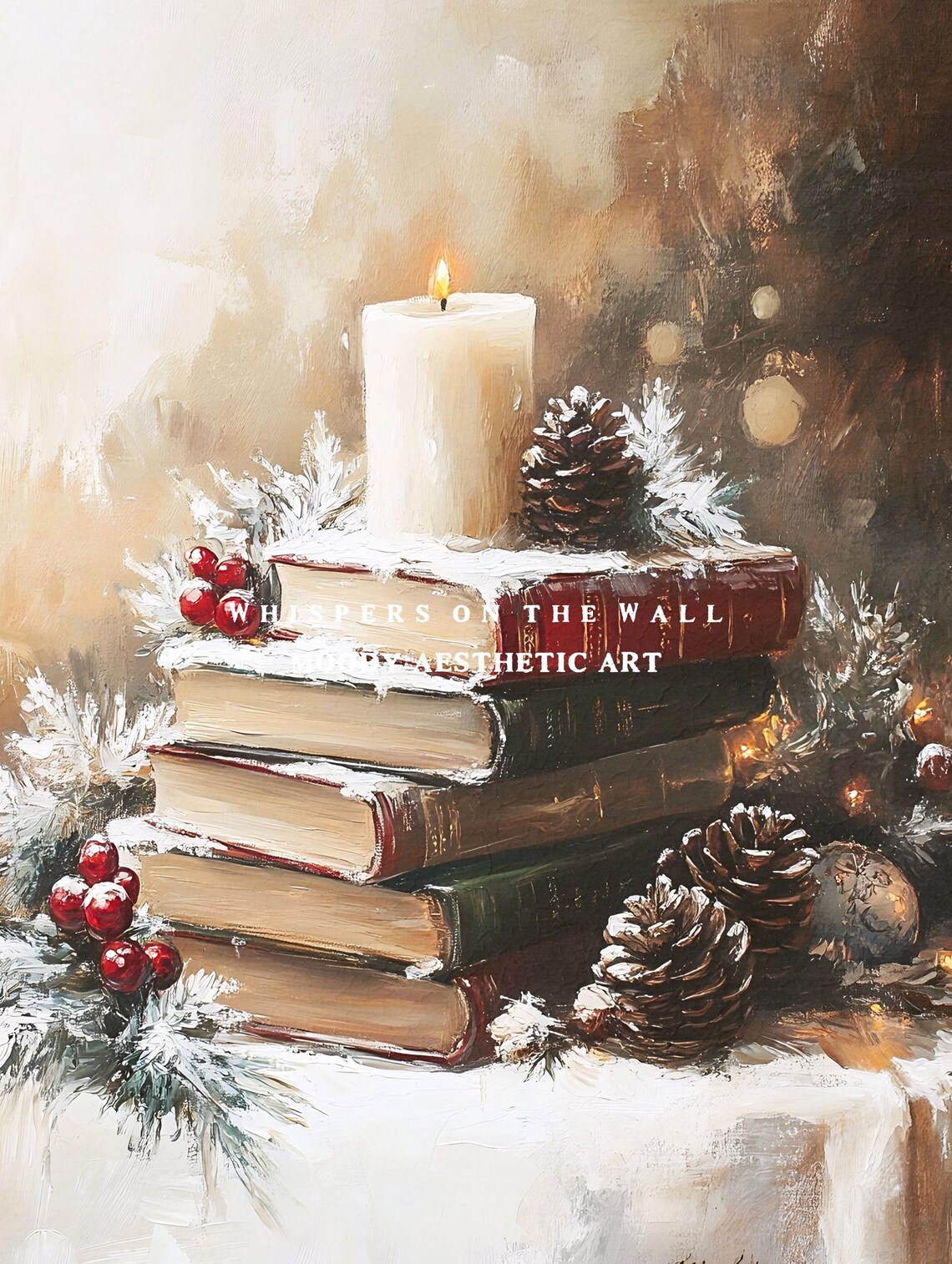 Christmas Books with Candle Snowy Vintage Oil Painting Cozy Poster - Image 5
