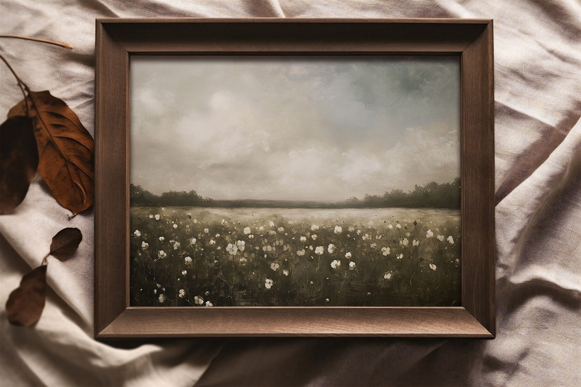 White Wildflowers Field Under Cloudy Sky Neutral Landscape Poster - Image 2