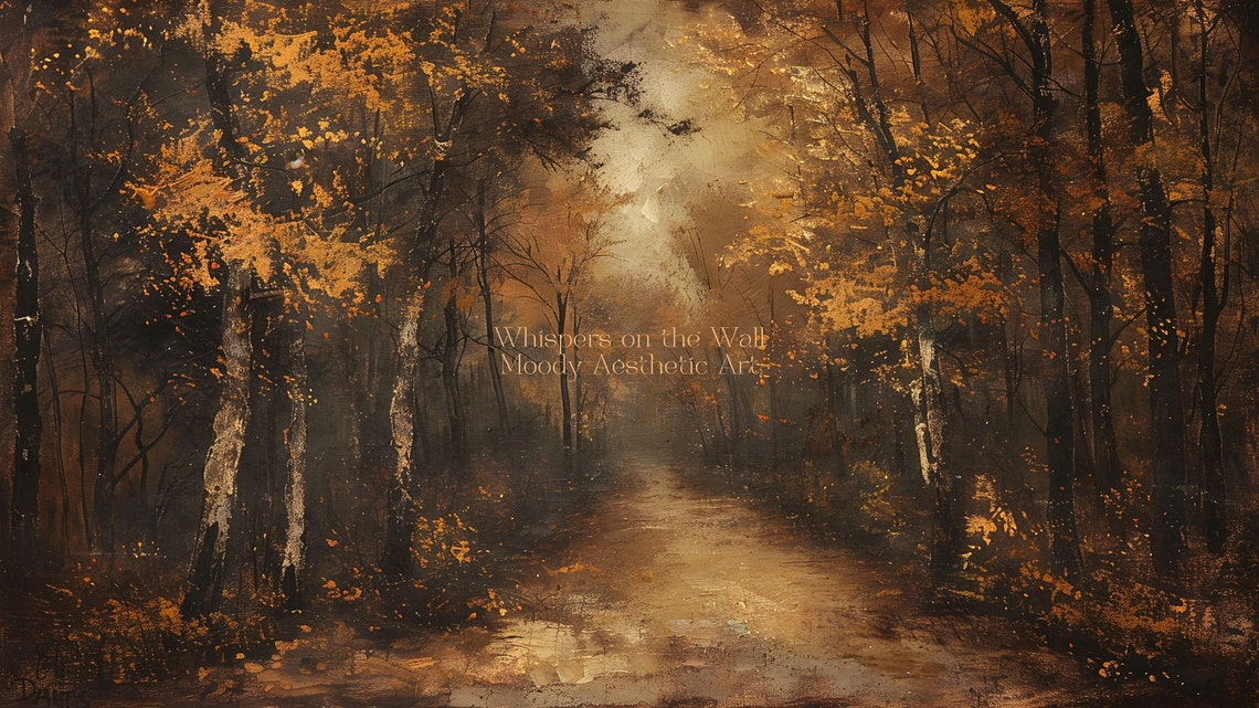 Moody Autumn Forest Path Golden Foliage Vintage Landscape Oil Poster - Image 5