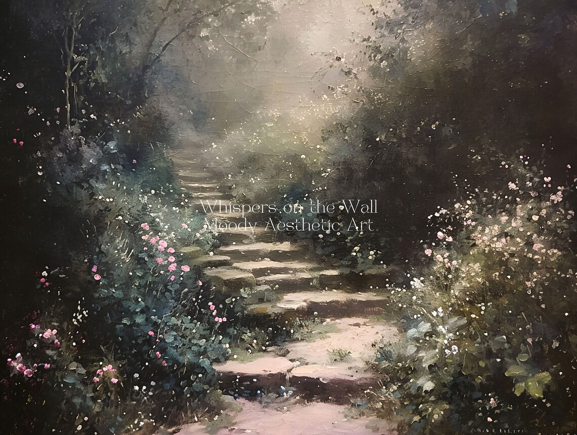 Misty Garden Path with Stone Steps and Wildflowers Oil Painting Poster - Image 5