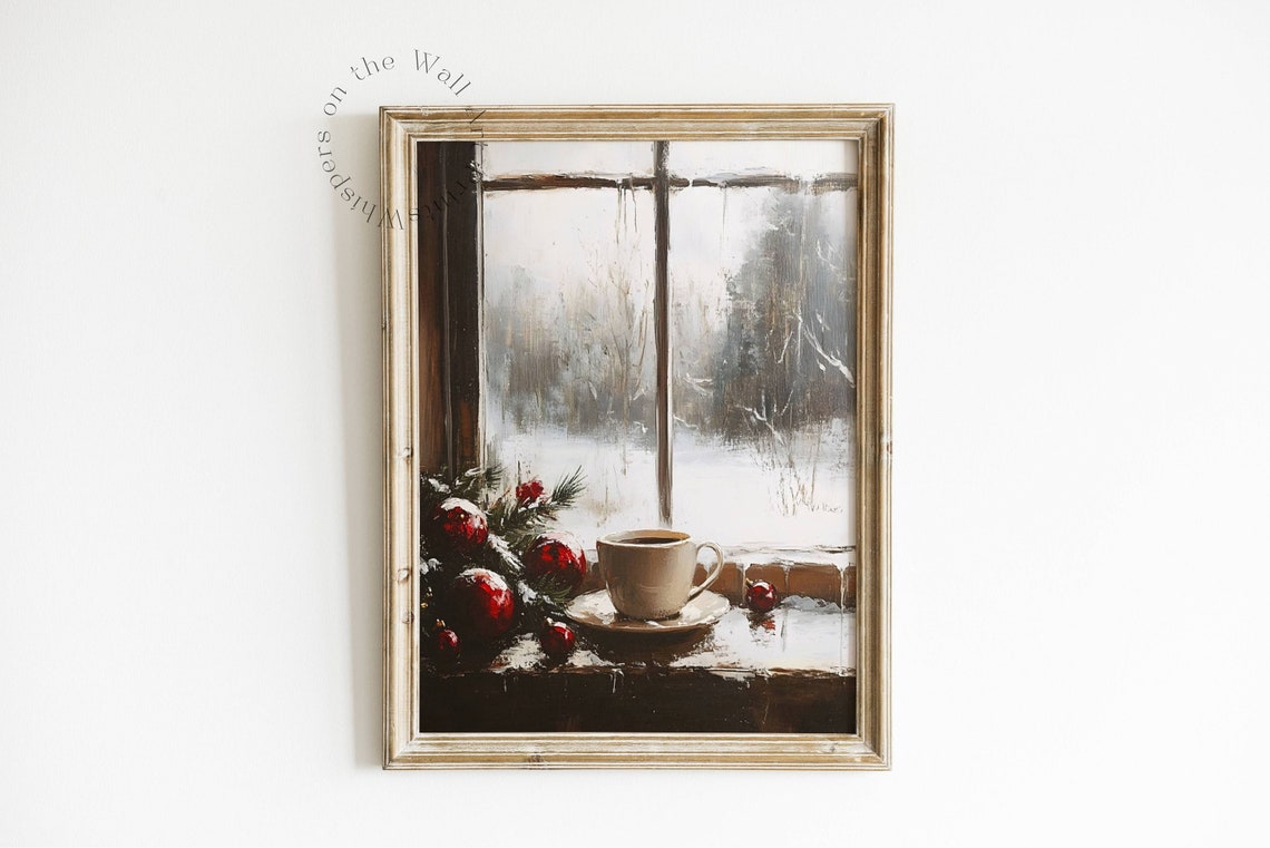 Christmas Coffee on Snowy Window with Ornaments Vintage Holiday Poster - Image 6