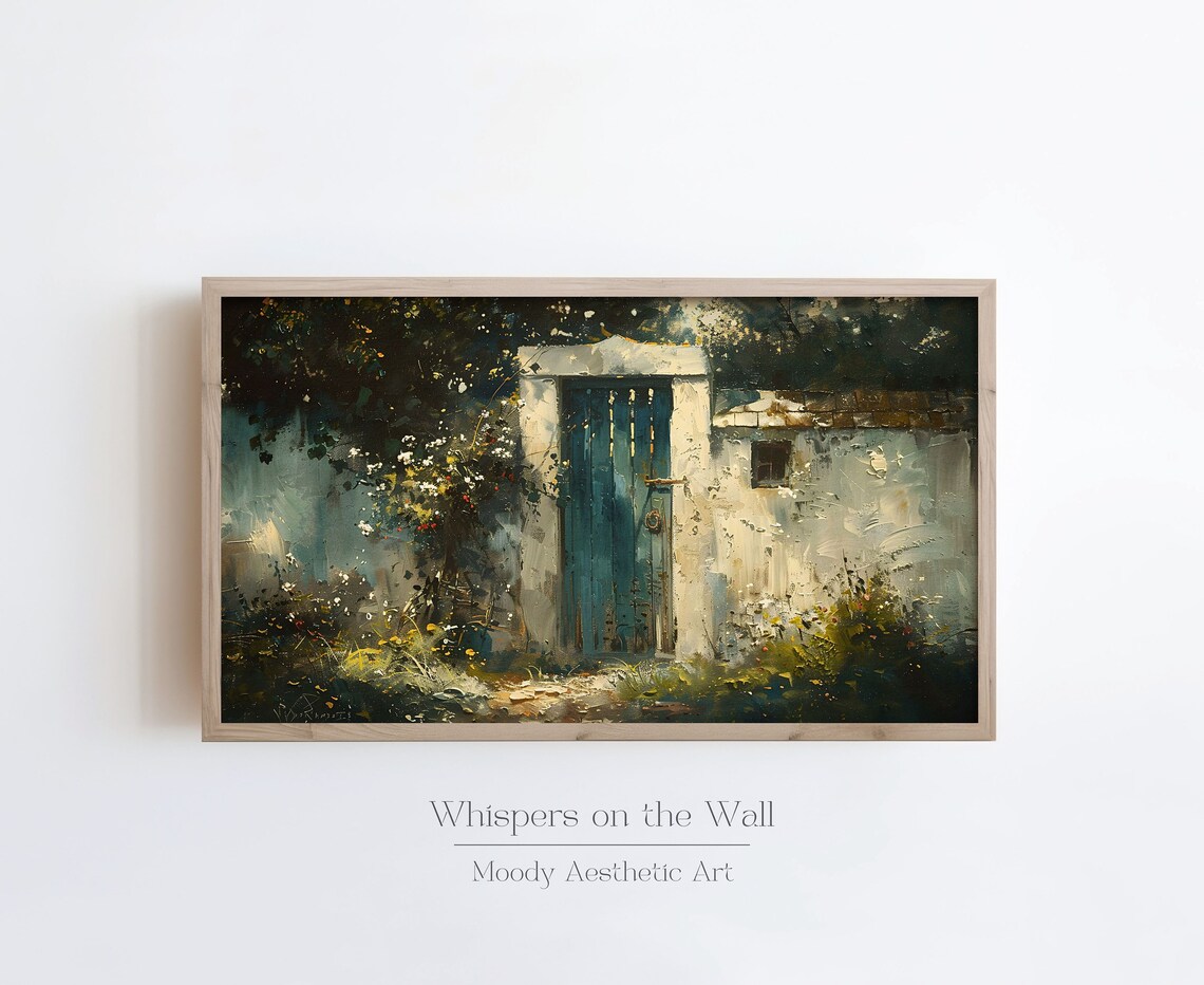 Weathered Blue Wooden Door In White Wall With Overgrown Garden Poster - Image 6