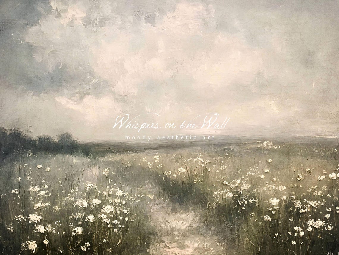 White Wildflower Meadow Under Soft Grey Clouds Vintage Poster - Image 5
