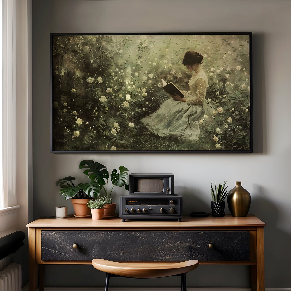 Victorian Woman Reading In Blooming White Rose Garden Vintage Style Poster - Image 6