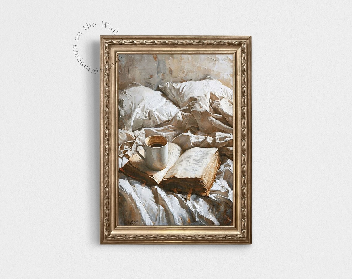 Coffee In Bed Art Print, Neutral Moody Bookish Decor - Image 3