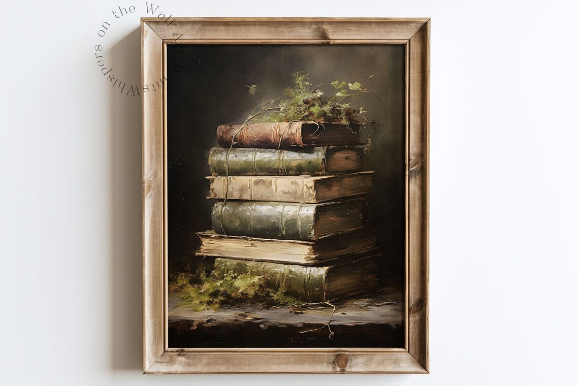 Vintage Stack of Old Books with Greenery Dark Academia Poster - Image 3