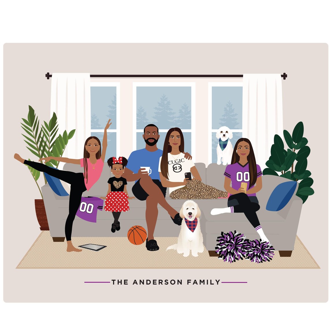 Personalized Family of Five with Dogs Sports Living Room Poster