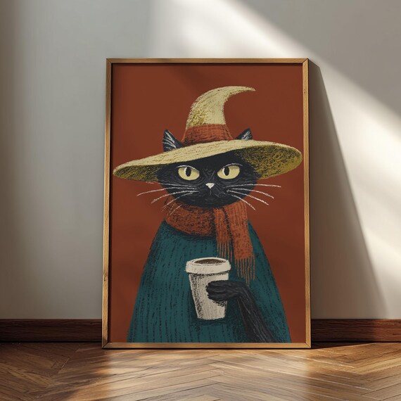 Witch Cat Poster Whimsical Animal Print