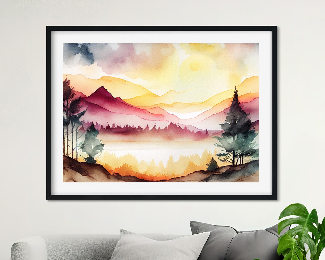 Pink Sunset Watercolor Mountain Valley Pine Trees Landscape Poster - Image 3