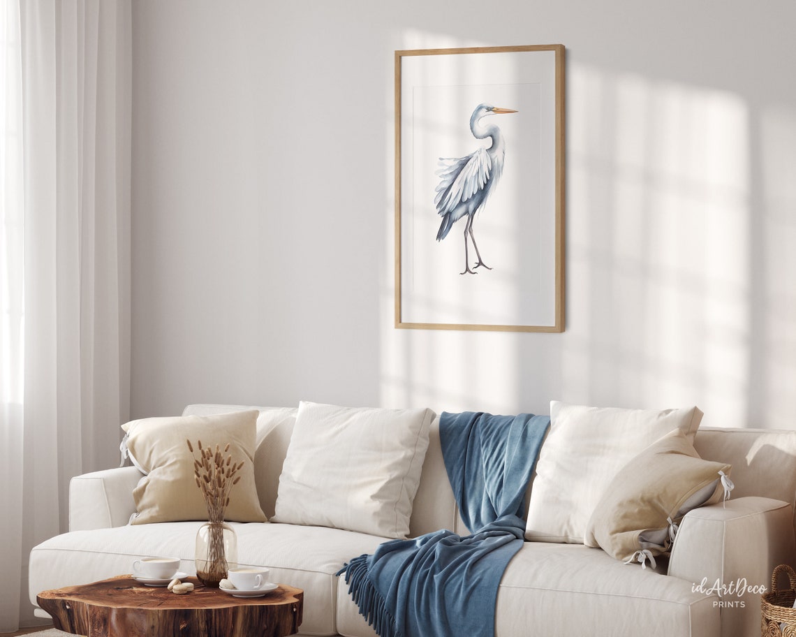 Watercolor Grey Heron Standing Bird Wildlife Minimalist White Poster - Image 2