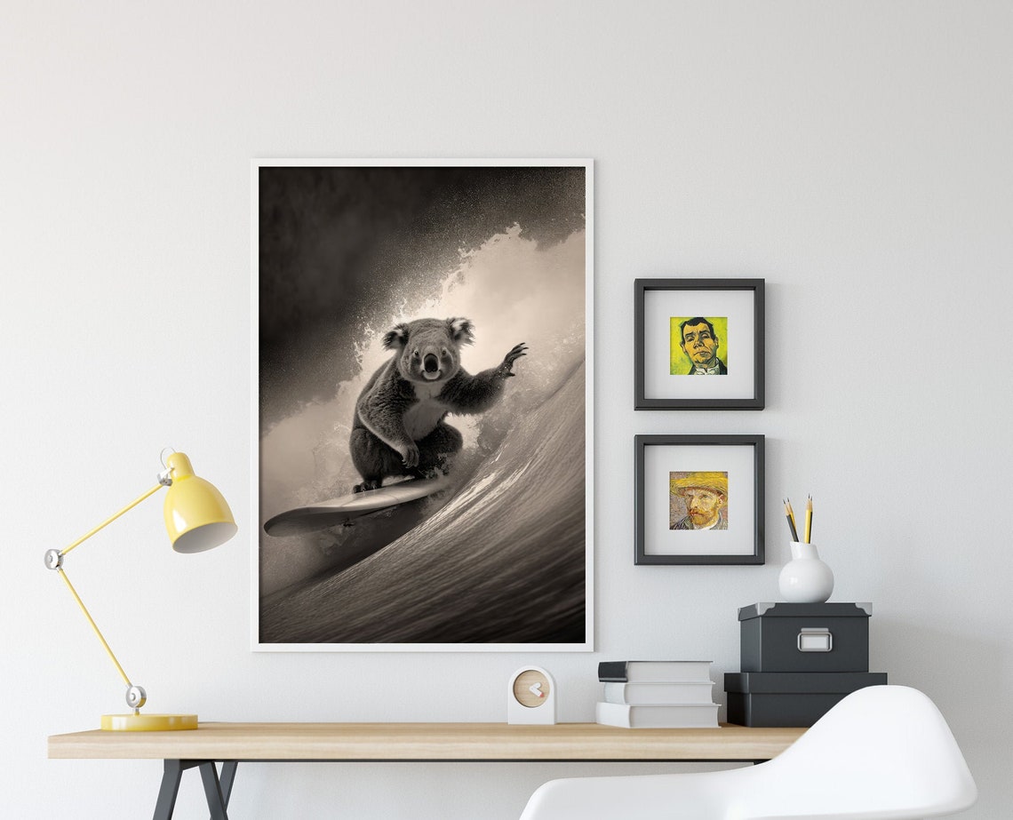 Cute Koala Riding a Surfboard on a Curling Wave Black and White Poster - Image 4