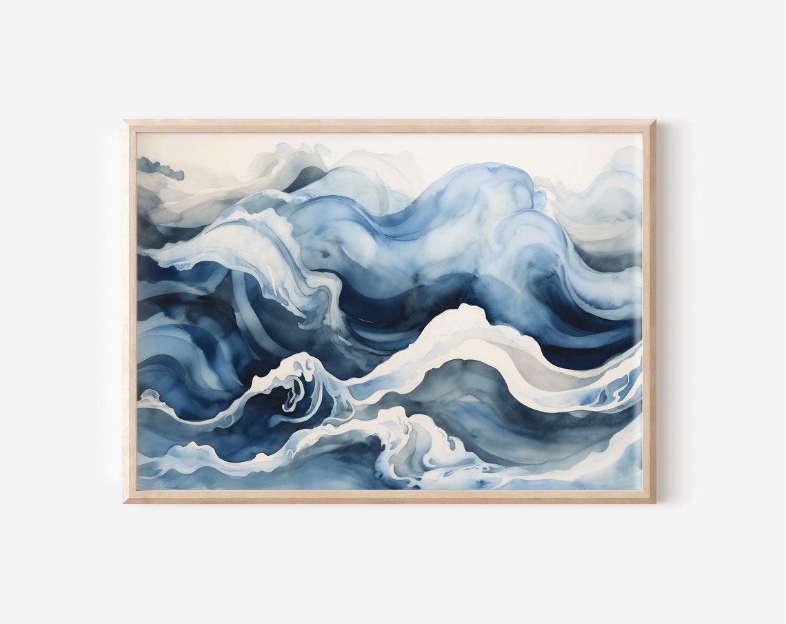 Abstract Blue Watercolor Ocean Waves Swirling Coastal Art Poster