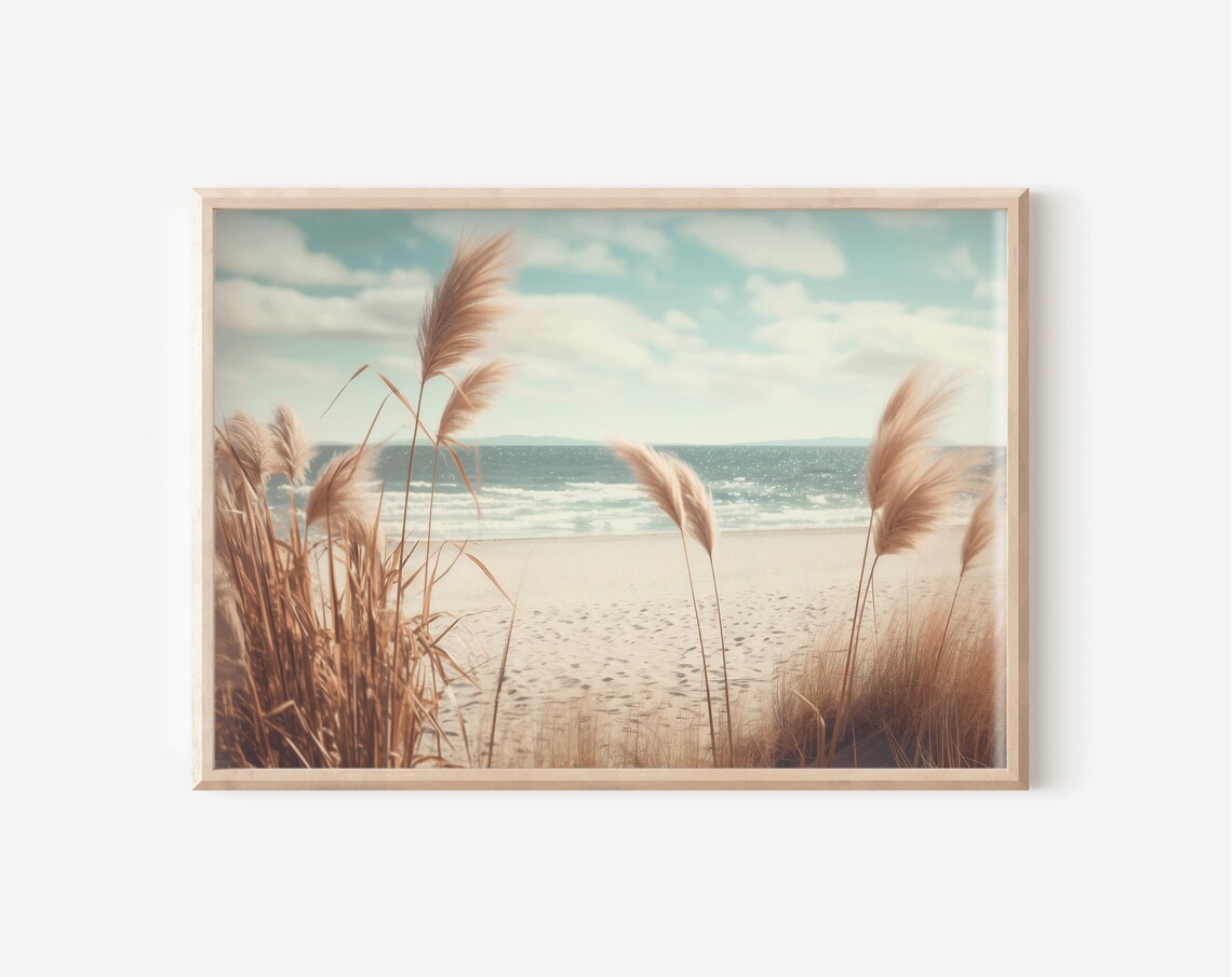 Golden Pampas Grass on Sandy Beach Overlooking Ocean Waves Poster