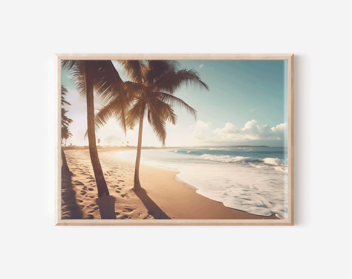Palm Trees at Golden Sunset Waves on Sandy Beach Tropical Poster