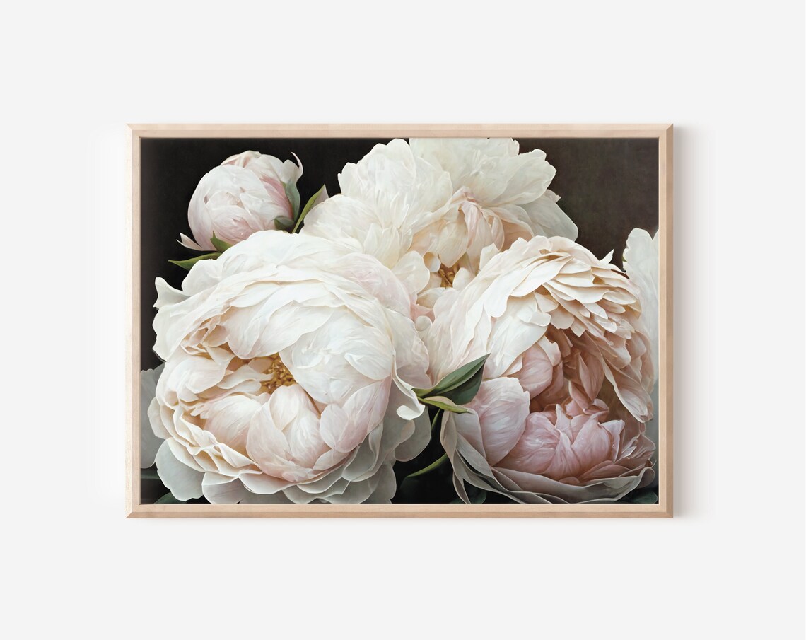 Elegant White Peonies Bouquet Painted on a Dark Background Poster