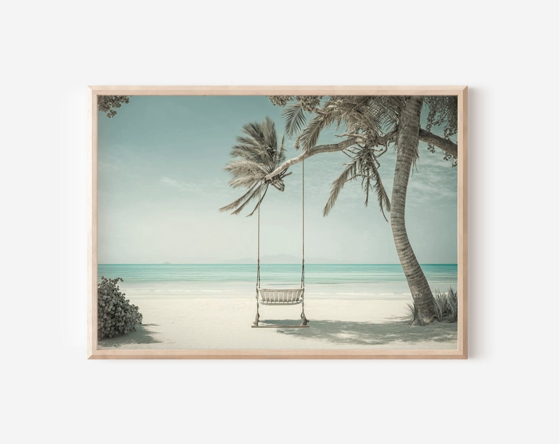 Tropical Palm Tree Beach Swing Over Turquoise Sea Daylight Poster