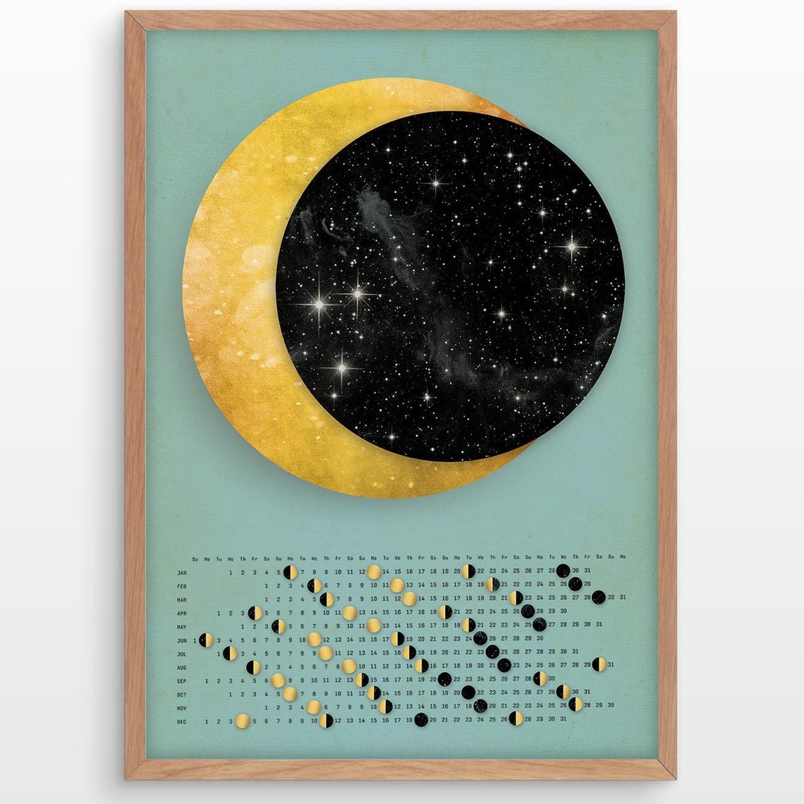 Golden Moon Phases Calendar Poster with Starry Night Sky Design