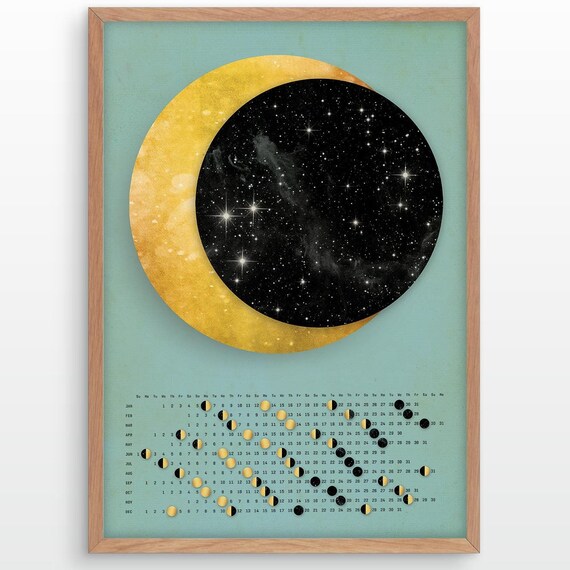 Golden Moon Phases Calendar Poster with Starry Night Sky Design