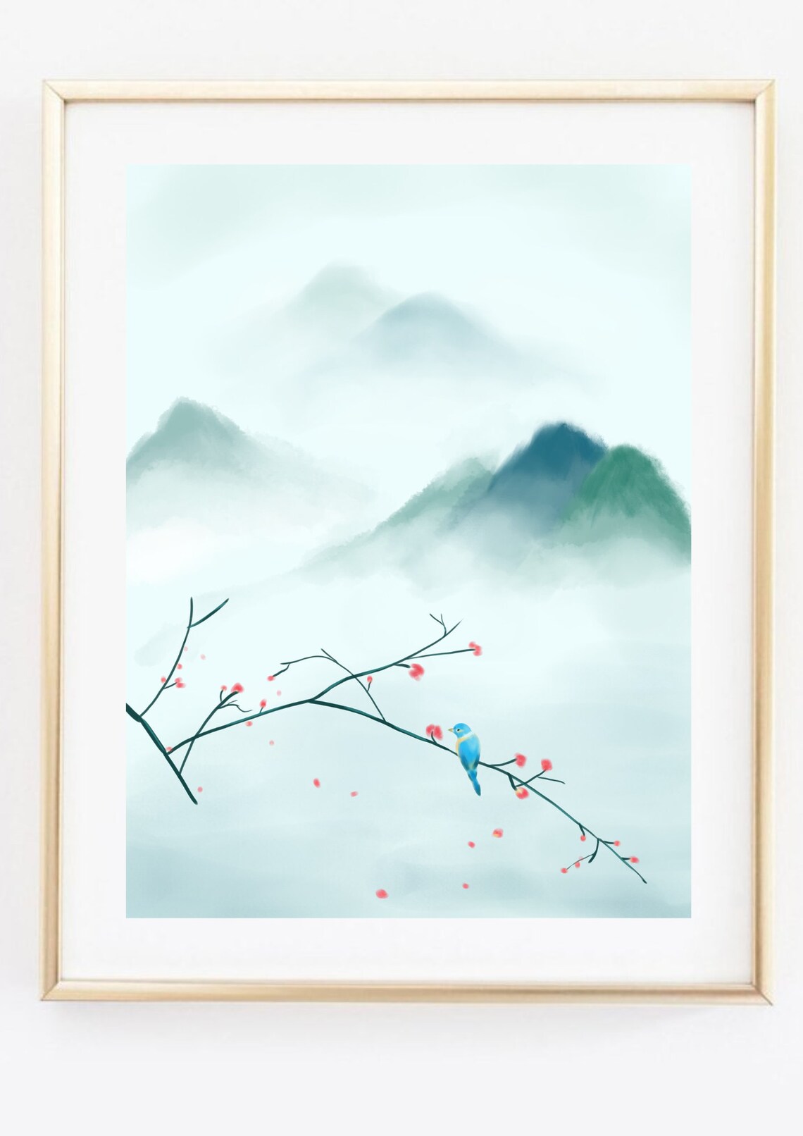 East Asian Misty Mountains Cherry Blossom Blue Bird Art Poster - Image 2