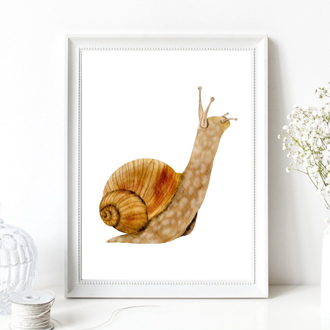 Brown Garden Snail Watercolor Painting Slow Life Cute Animal Wall Art