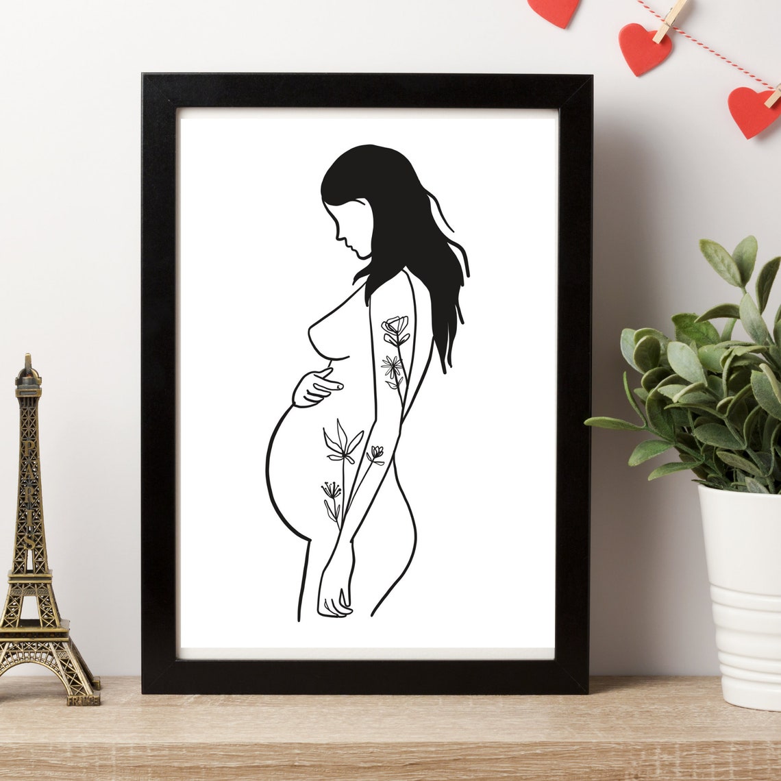 Pregnant Woman Floral Minimalist Black Line Art Maternity Wall Art - Image 3