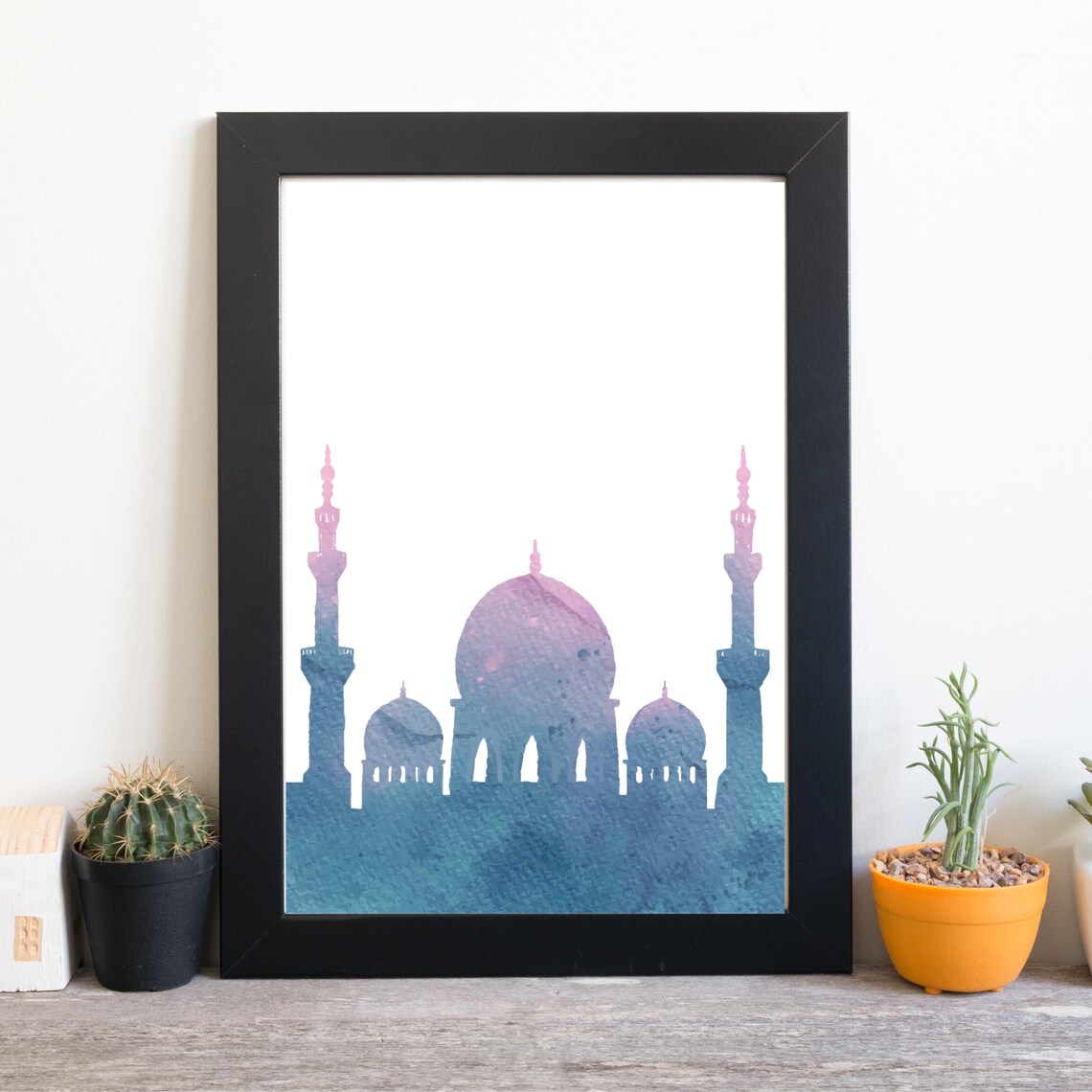 Blue Mosque Dome Minaret Silhouette Watercolor Islamic Wall Art Poster