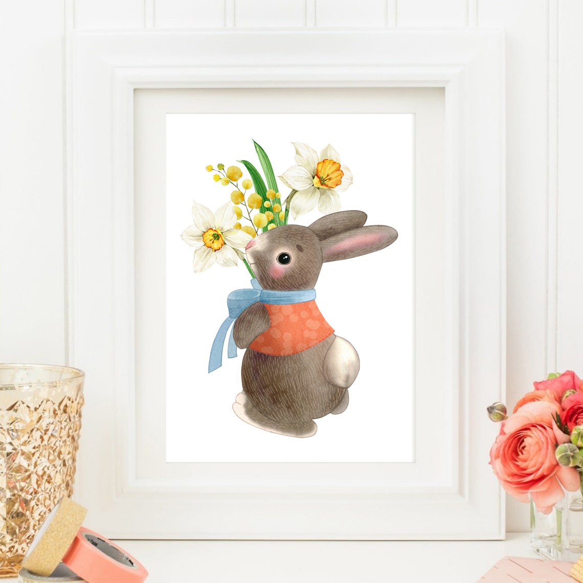 Easter Bunny With Daffodils Spring Flowers Watercolor Art Print