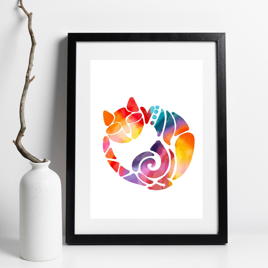 Colorful Curled Cat Abstract Watercolor Scandi Style Animal Wall Art Print - Image 2