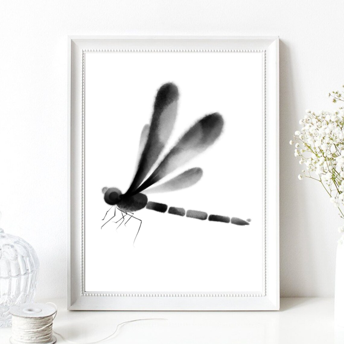 Dragonfly Ink Watercolor Minimalist Black Abstract Insect Art Poster - Image 3