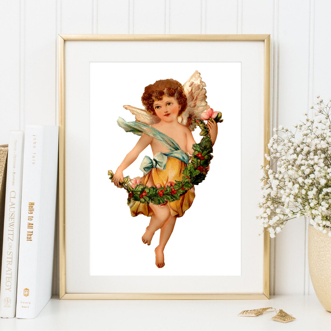 Christmas Cherub Angel With Berry Garland Vintage Art Print Gift