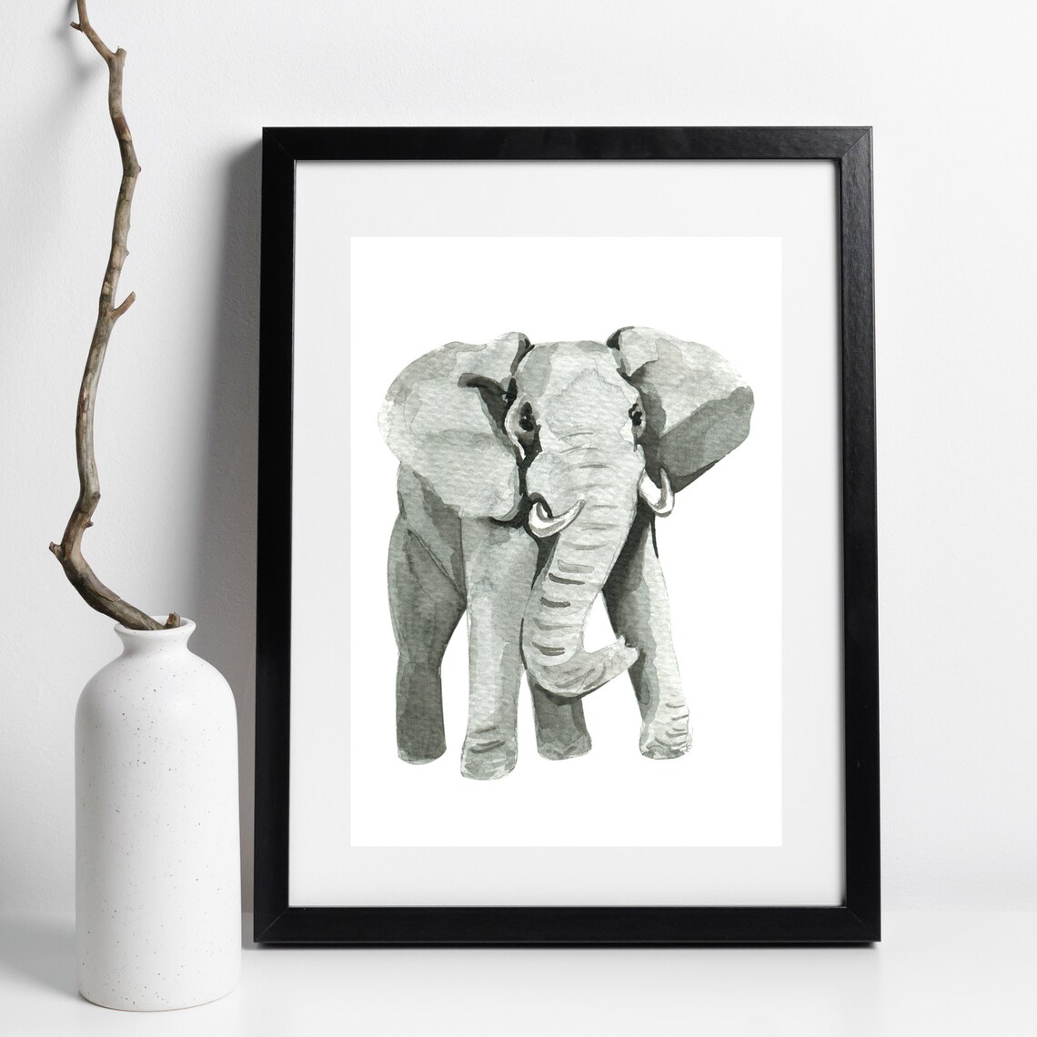 African Elephant Watercolor Portrait Grey Safari Wildlife Art Poster