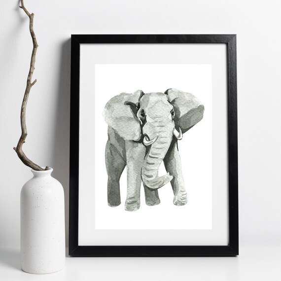 African Elephant Watercolor Portrait Grey Safari Wildlife Art Poster