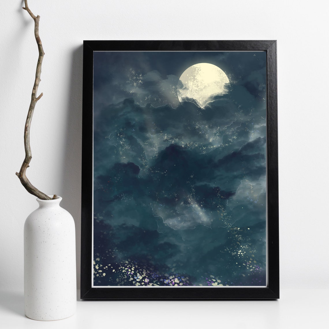Din A4 Art Print Without Frame Night Sky With Moon Full Moon Starry Sky Illustration Print Poster Image - Image 3