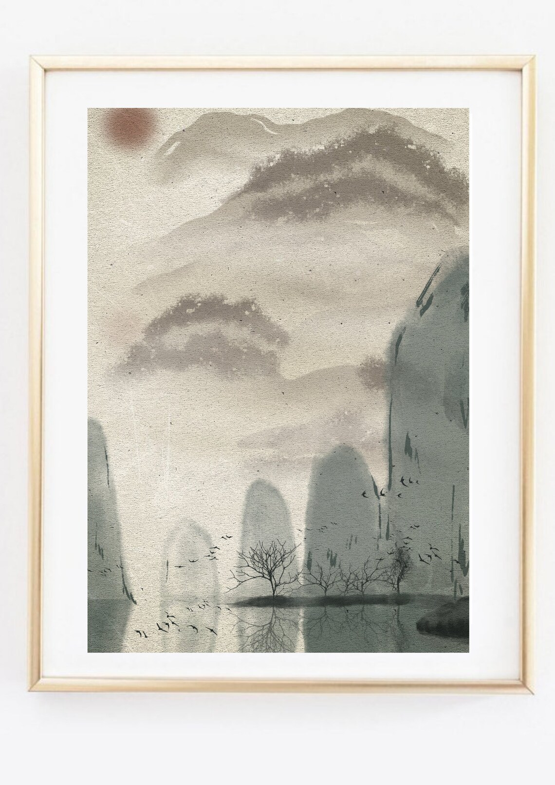 Asian Ink Wash Misty Mountains Lake Trees Zen Landscape Poster - Image 3