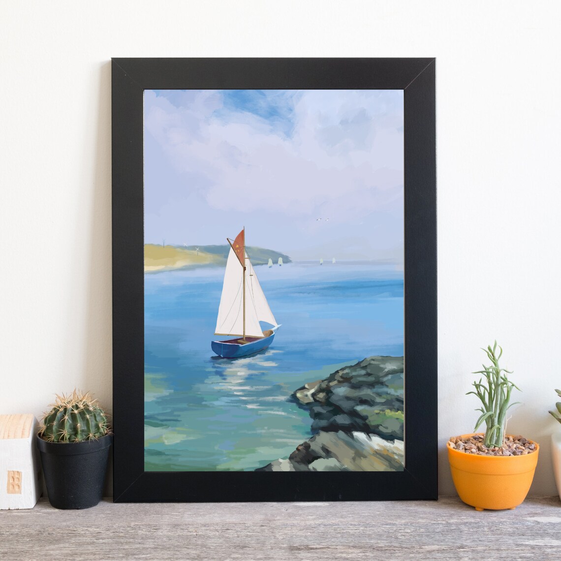 Sailboat On Calm Blue Bay Coastal Watercolor Seascape Wall Art Poster - Image 3