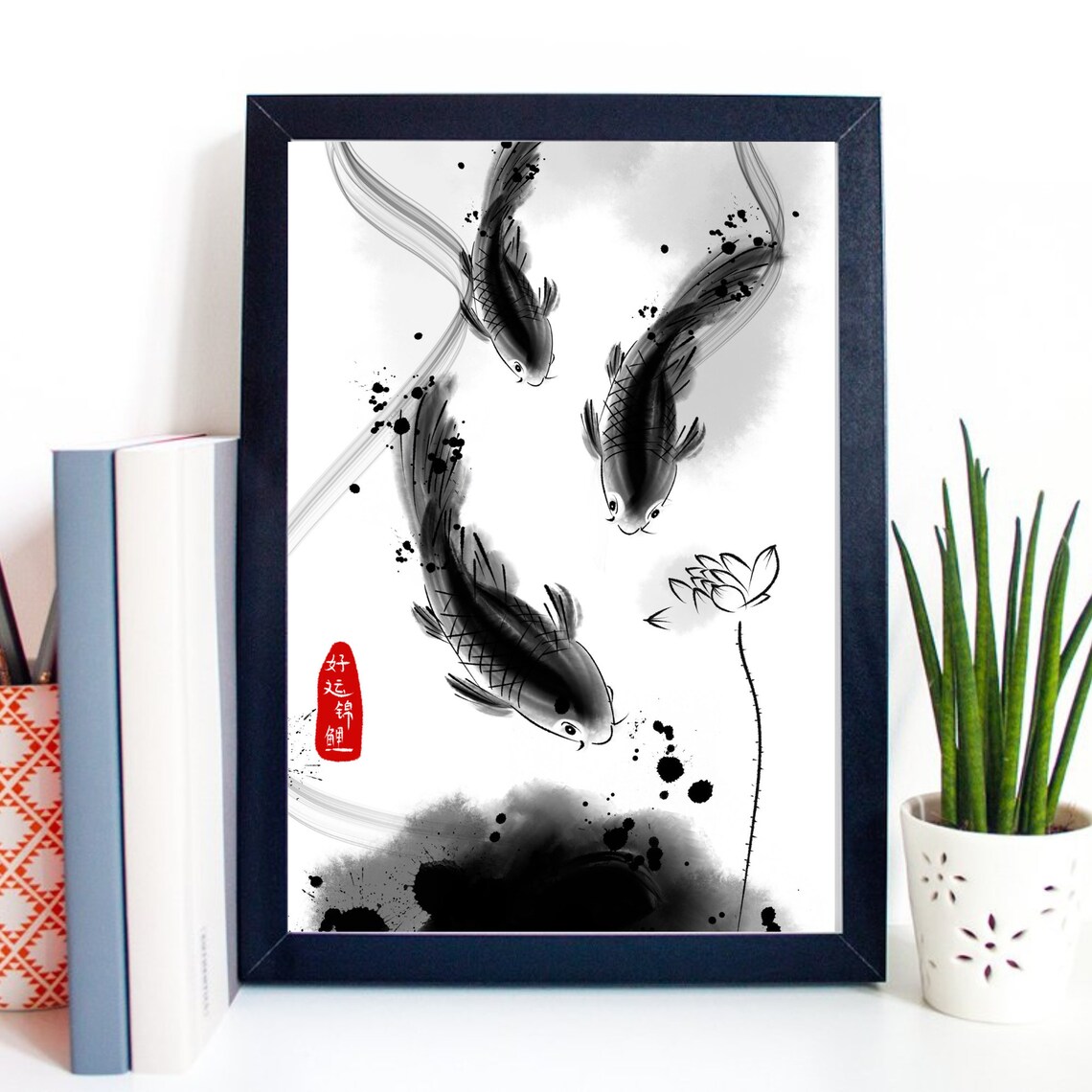 Black Ink Koi Fish Lotus Flower Japanese Zen Watercolor Poster - Image 2