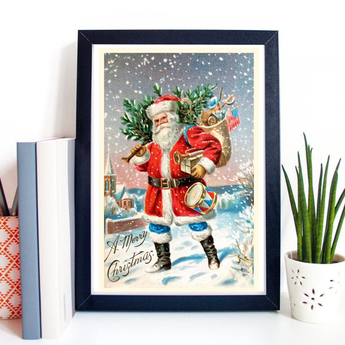 Vintage Santa Claus Snowy Christmas Retro Holiday Merry Wall Art Print - Image 2