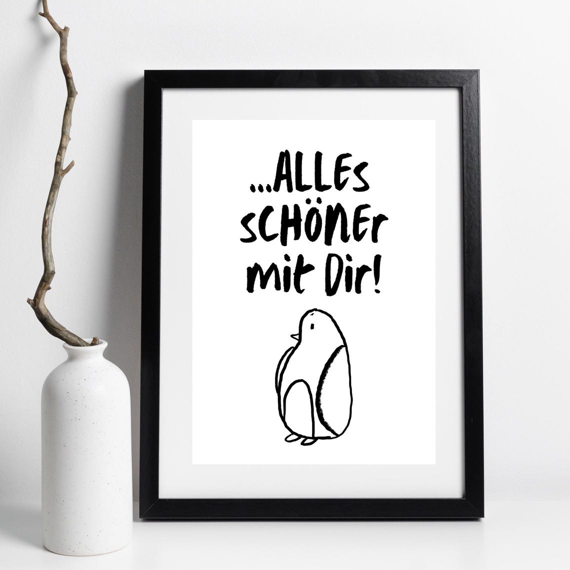 Alles Schoener Mit Dir German Love Quote Cute Bird Doodle Art Poster