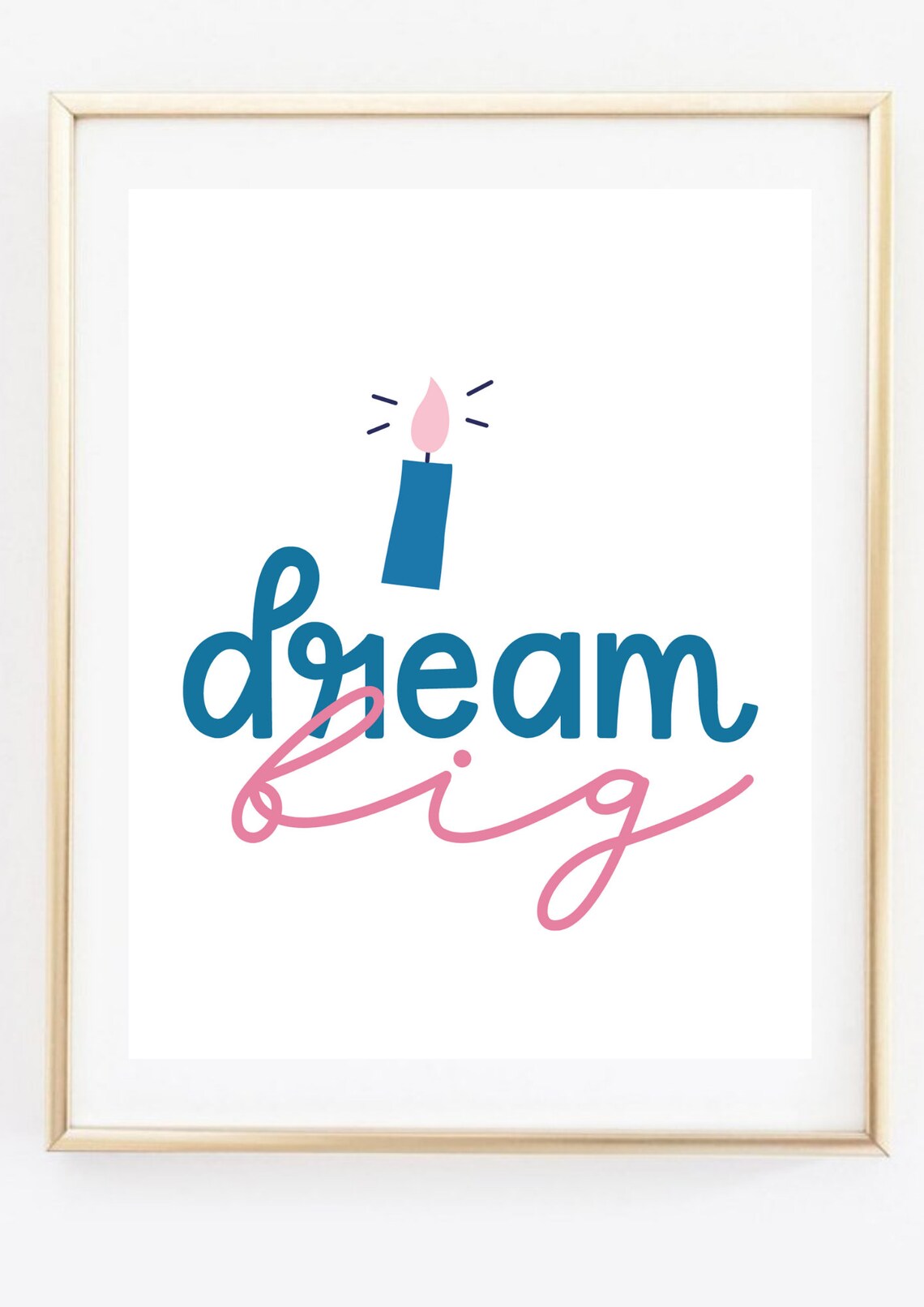 I Dream Big Hand Lettered Quote Candle Blue Pink Nursery Wall Art - Image 2