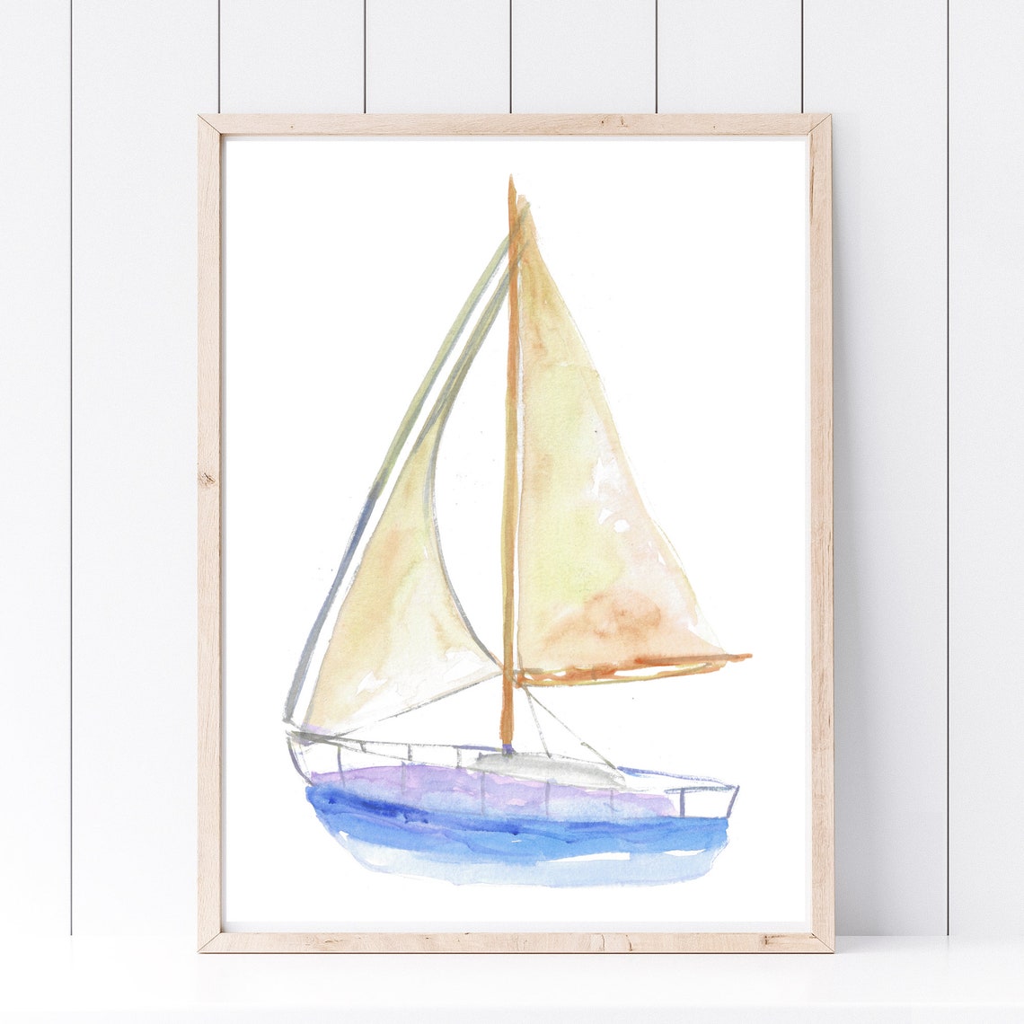 Sailboat With Tan Sails Blue Hull Coastal Watercolor Nautical Poster - Image 2