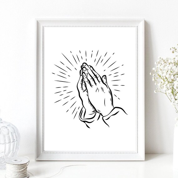 Praying Hands Line Art Minimalist Faith Prayer Black White Wall Print