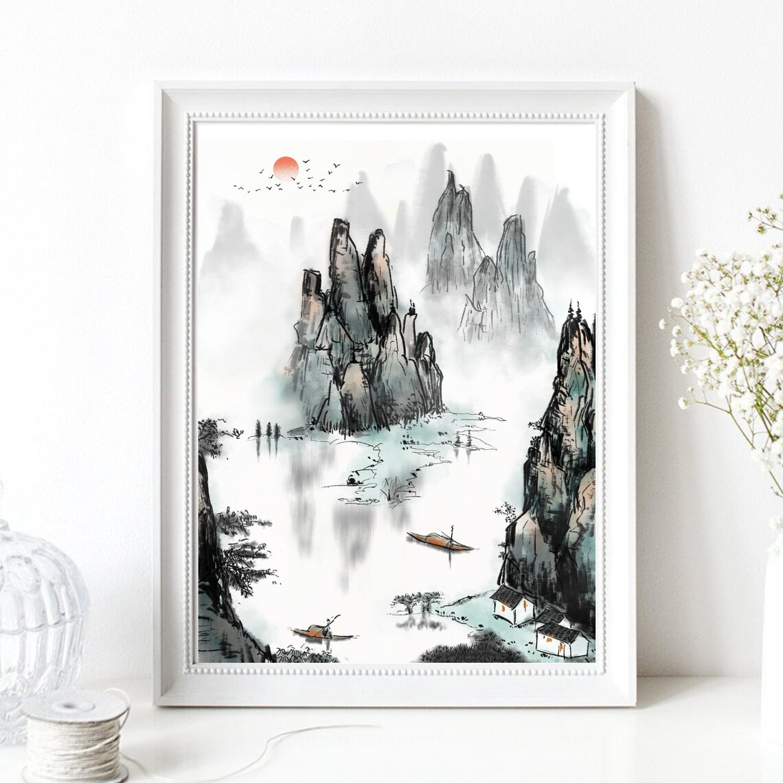Asian Ink Landscape Red Sun Misty Karst Peaks Boat Watercolor Print Poster